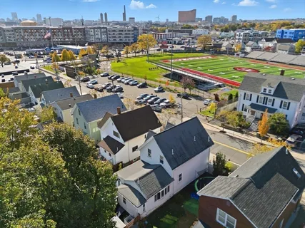 a view of a city with yard
