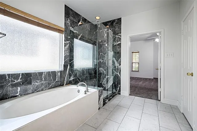 a bathroom with a bathtub and a shower