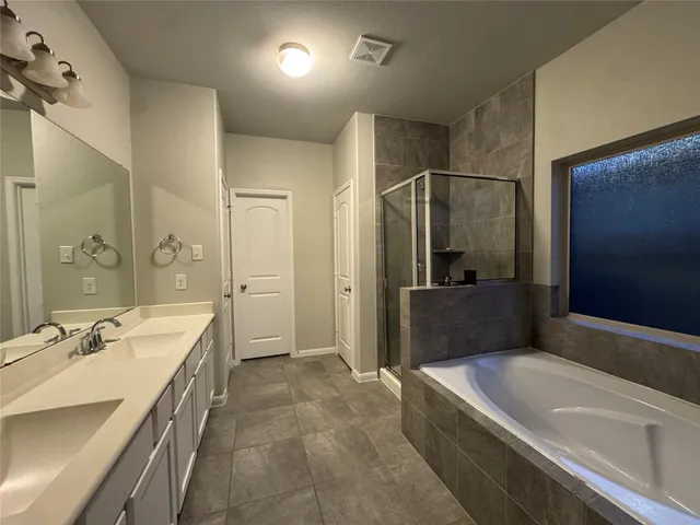 a large bathroom with a double vanity sink a large mirror and a bathtub