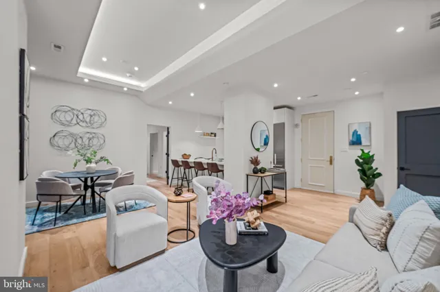 a living room with furniture and a potted plant