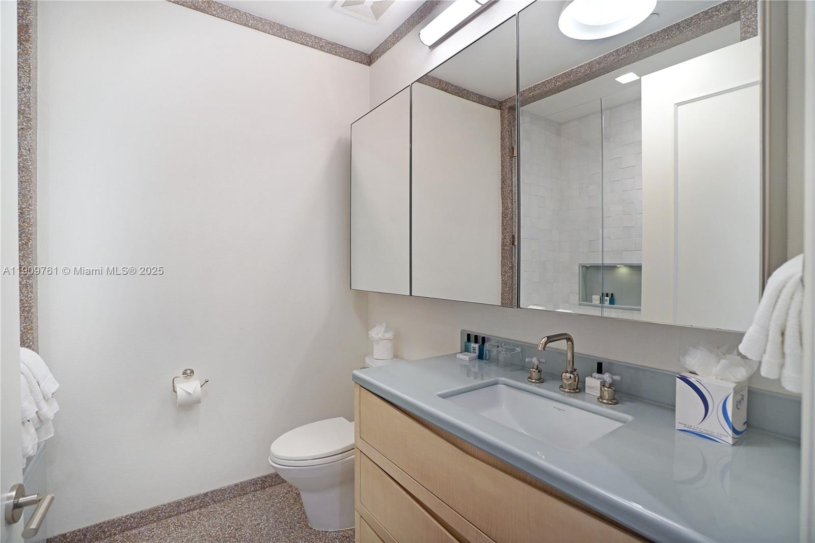 4401 Collins Avenue, Unit PHSOUTH Miami Beach, FL 33140 - Photo 76 of 92 a bathroom with a granite countertop sink a toilet and a mirror