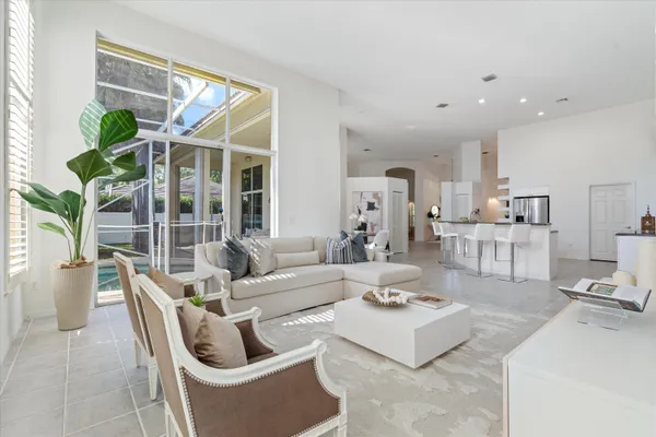 a living room with furniture and a potted plant