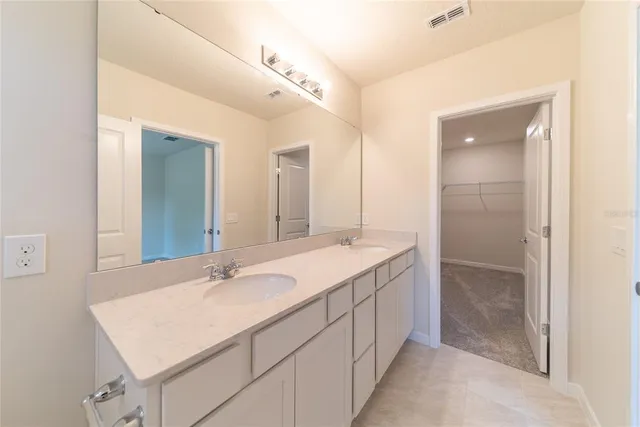 a bathroom with a sink a large mirror and a shower