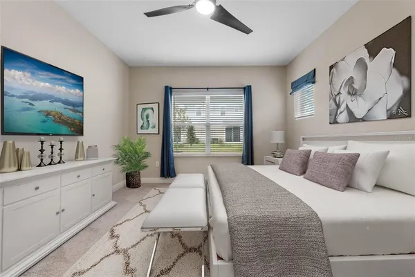 a bedroom with a large bed and a flat screen tv