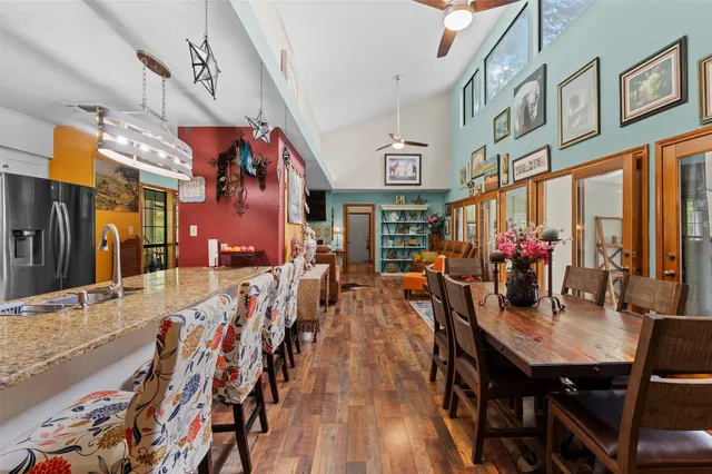 a view of a dining room with furniture