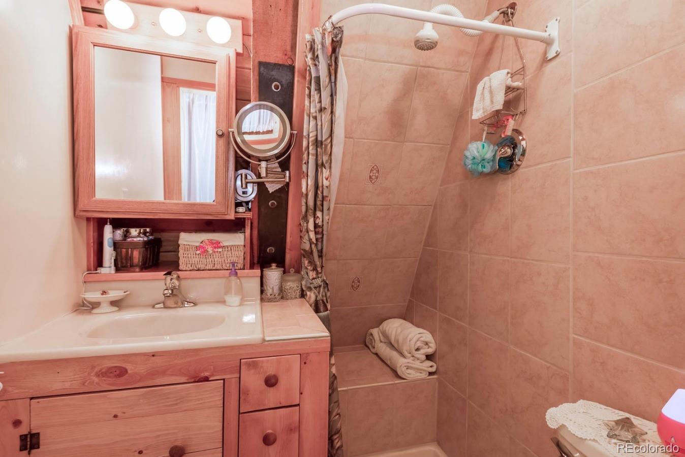12802 Upper Ridge Road Conifer, CO 80433 - Photo 15 of 27 a bathroom with a sink a toilet and shower