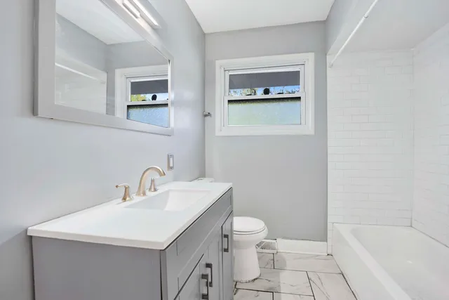 a bathroom with a sink mirror and a toilet