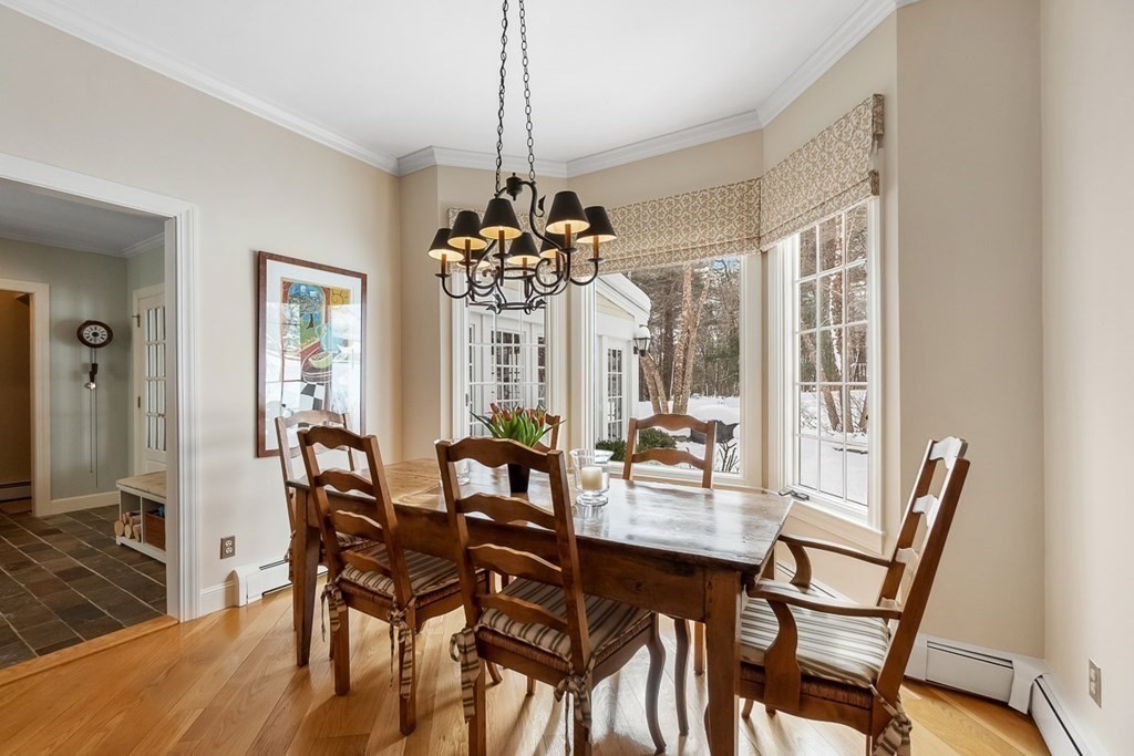 853 Strawberry Hill Road Concord, MA 01742 - Photo 13 of 41 a view of a dining room with furniture wooden floor and chandelier