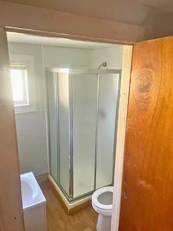 a bathroom with a shower and toilet