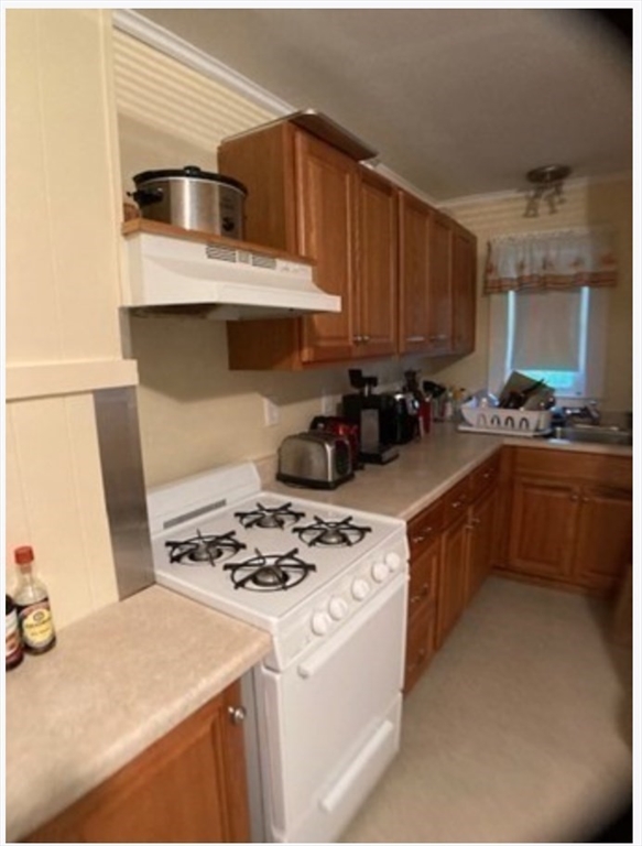 a kitchen with a sink a stove and cabinets