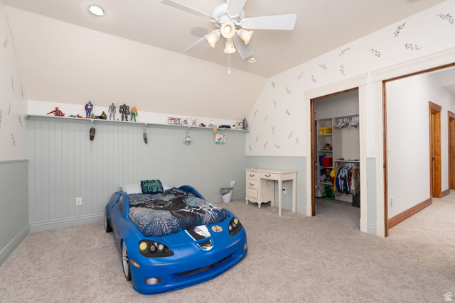 687 South 2080th Street East Springville, UT 84663 - Photo 61 of 149 Carpeted room featuring a ceiling fan with integrated lighting, recessed lighting, and a sloped ceiling