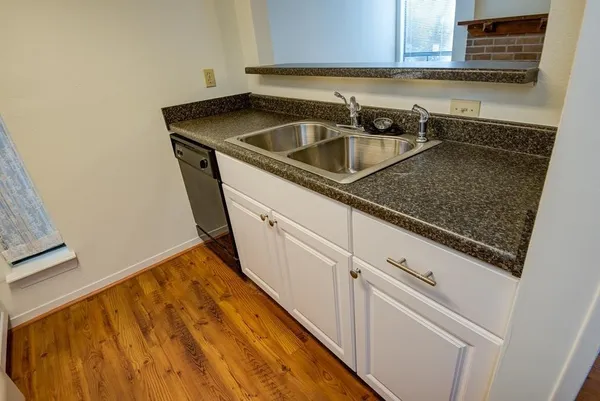 a kitchen with a sink and cabinets