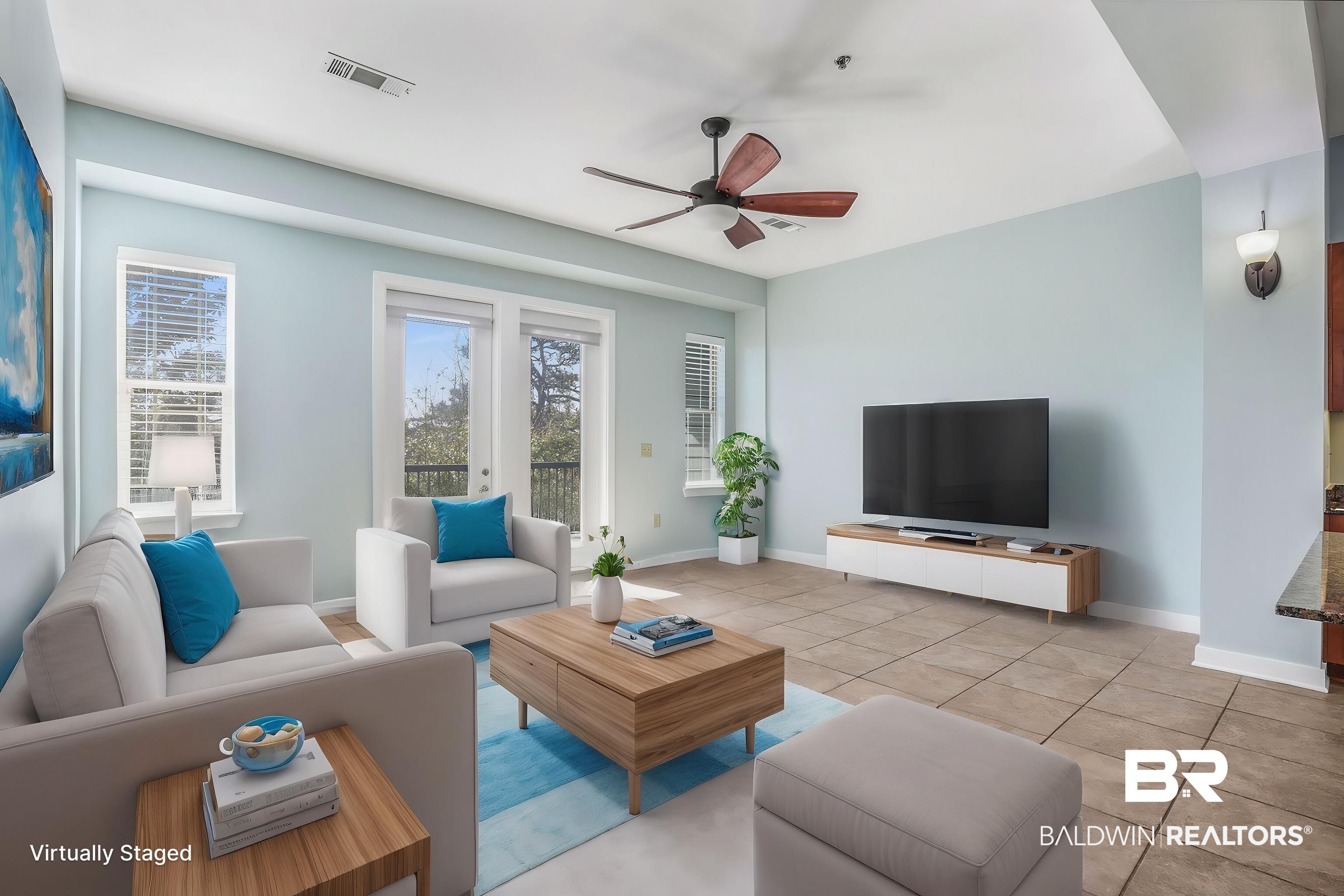 1430 Regency Road, Unit B302 Gulf Shores, AL 36542 - Photo 4 of 24 Living room featuring visible vents, baseboards, a ceiling fan, and light tile patterned flooring