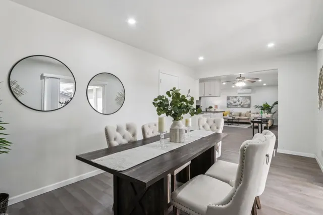 a view of a dining room with furniture