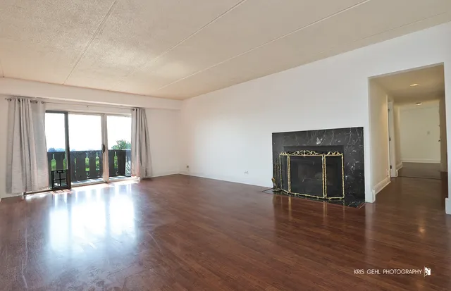 a view of empty room with wooden floor and fireplace