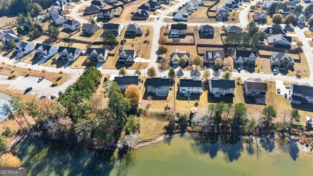 a view of a lake in middle of the town