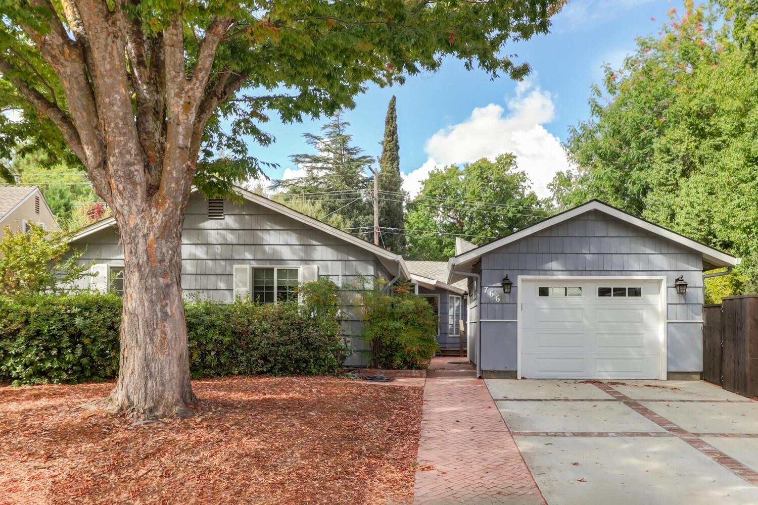 a view of a yard in front of a house with large trees