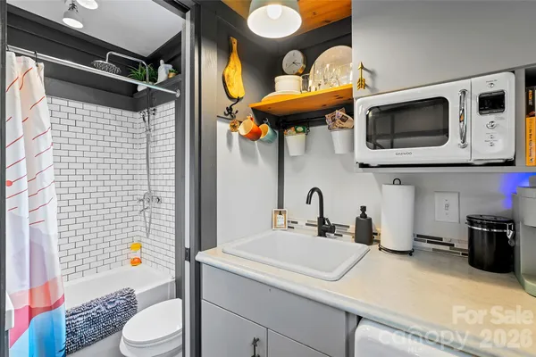 a bathroom with a bathtub