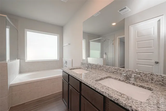 a bathroom with a granite countertop tub sink and mirror