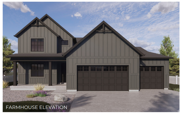 Contemporary farmhouse-style elevation featuring vertical siding, dark trim, a covered porch with square columns, and multiple dark-paneled garage doors