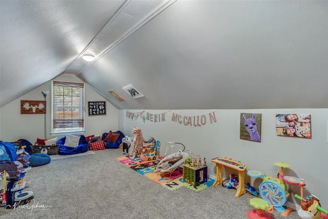 a garage with furniture and toys