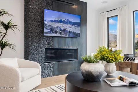 a living room with furniture potted plant and a fireplace