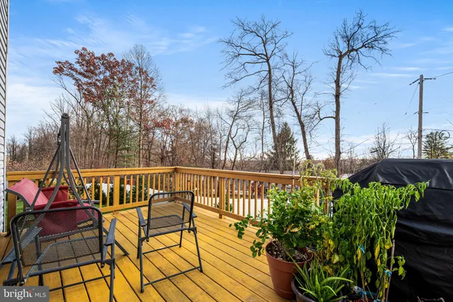 a roof deck with table and chairs and potted plants
