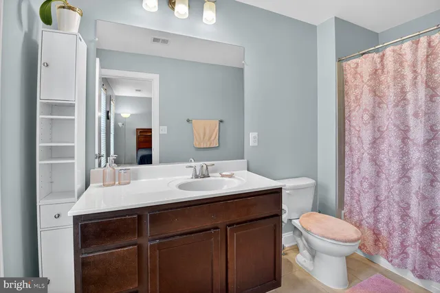 a bathroom with a sink a toilet and shower curtain