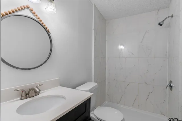 a bathroom with a sink a toilet and a mirror