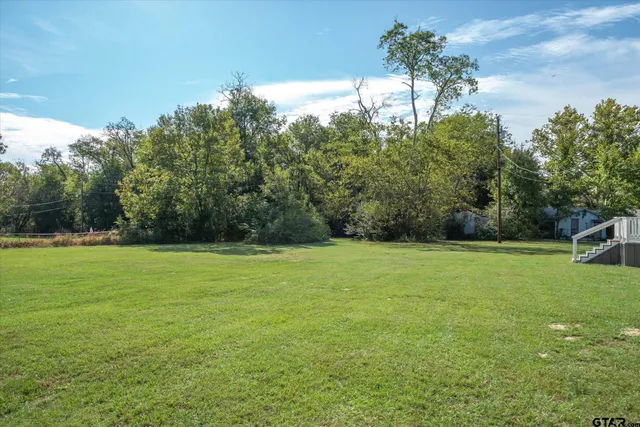 a view of a field of grass and trees