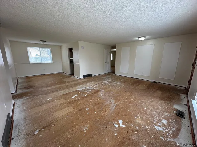 a view of a big room with closet and windows