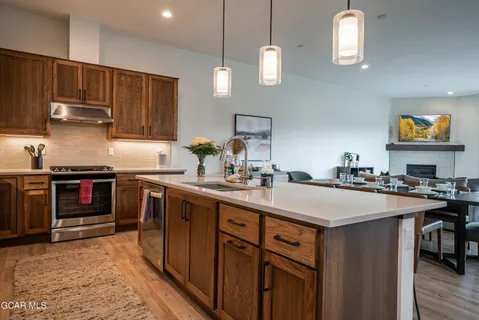 a kitchen with stainless steel appliances granite countertop a sink a stove and a refrigerator