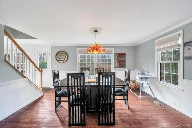 a view of a dining room with furniture window and wooden floor