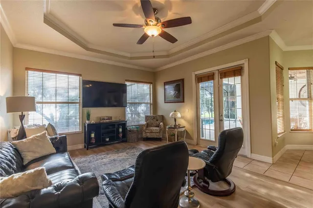 a view of a park with large trees