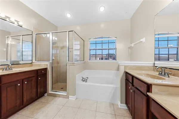 a bathroom with a tub sink and mirror