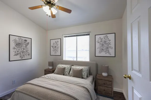 a view of a park with swings and slides