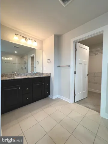 a bathroom with a double vanity sink a mirror and a shower