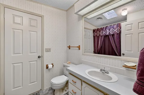 a bathroom with a sink a toilet and shower curtain