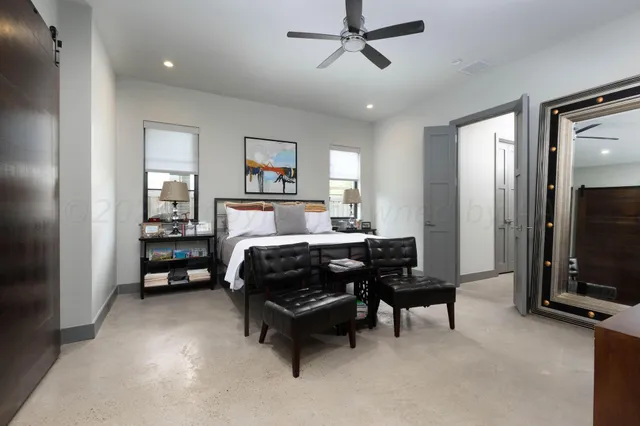 a bedroom with bed and a workspace