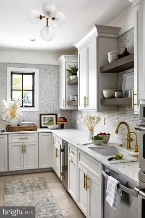 a kitchen with a sink cabinets and window
