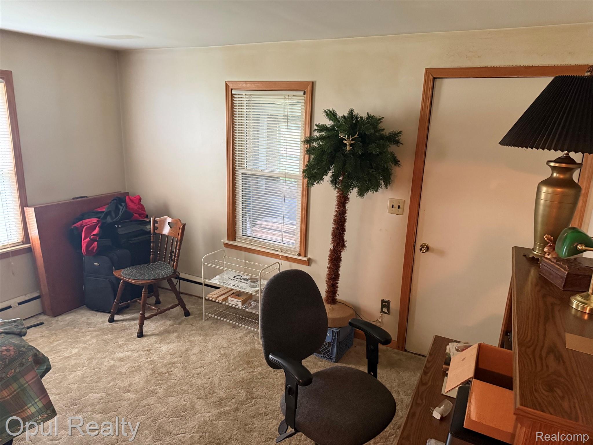 12208 Hannan Road Romulus, MI 48174 - Photo 11 of 15 Carpeted room featuring multiple windows with blinds, a white door with wood trim, and neutral-toned walls