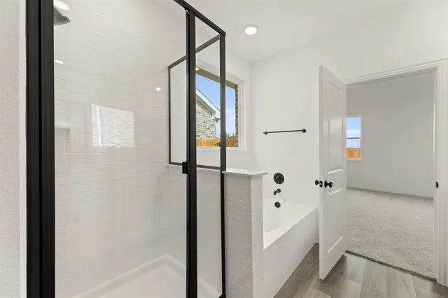 a bathroom with a bathtub and shower