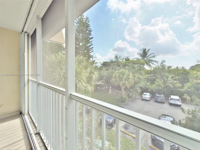 a view of a balcony from a window