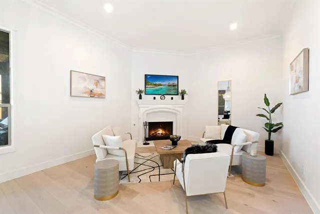a living room with furniture a fireplace and potted plants