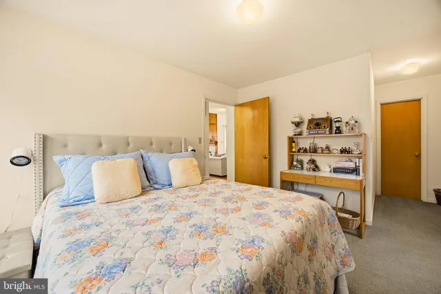 a bedroom with a large bed and a walk in closet