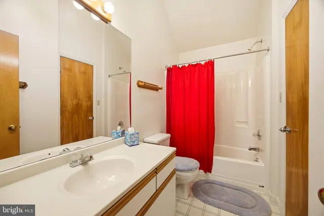 a bathroom with a sink a toilet and shower curtain