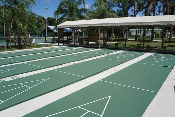 a view of a tennis ground with large trees