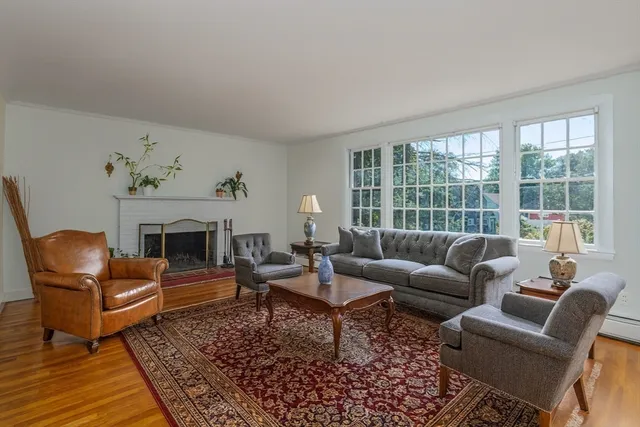 a living room with furniture windows and a fireplace
