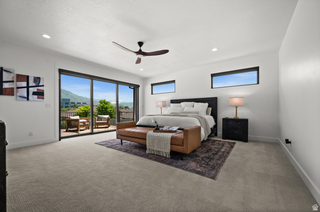 507 West Windmill Gate Cove Draper, UT 84020 - Photo 20 of 46 Bedroom with light carpet, ceiling fan, access to outside, multiple windows, and recessed lighting