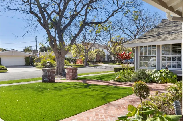 a garden view with a seating space